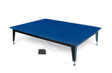 Bariatric mat platform with a durable blue surface and electric height adjustment, designed for physical therapy and rehab use.