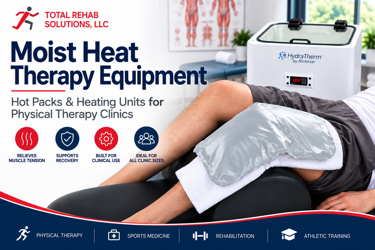Moist heat therapy equipment with HydraHeat pack and HydraTherm heating unit in a physical therapy clinic