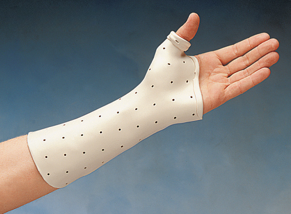 Custom-molded perforated thermoplastic splint supports wrist and thumb; ideal for orthotic use and rehabilitation therapy.