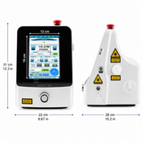 Infinium RAV IV Class IV Laser Therapy Unit front and side dimensions with touchscreen display