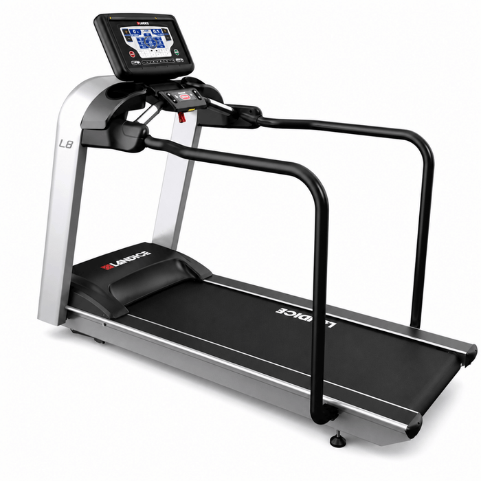 Landice L8 Rehabilitation Treadmill, manufacturer model L8-90, with extended medical handrails, Rehab console, oversized walking surface, and 500-pound capacity for physical therapy and gait training.