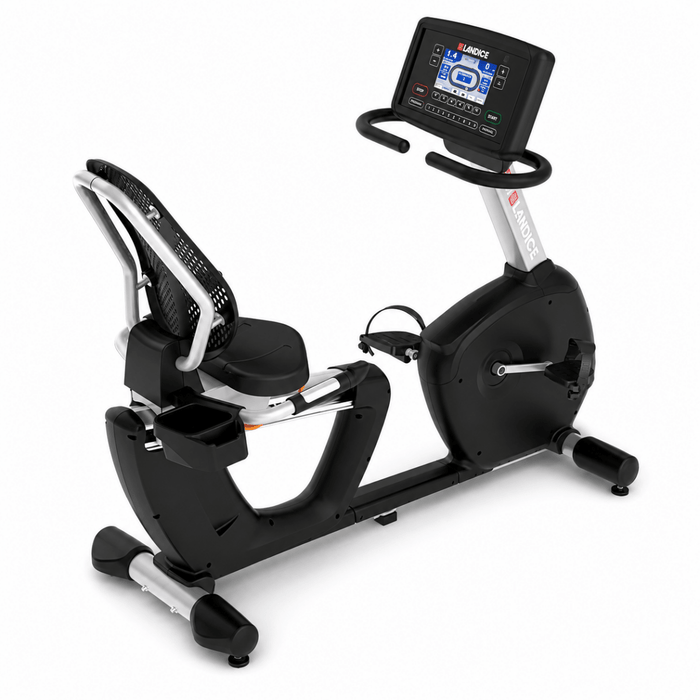 Landice R9 Commercial Recumbent Bike with Landice Achieve Console, step-through frame, orthopedic seat, and self-powered design for rehabilitation, physical therapy, and commercial fitness facilities.