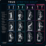 TRUE Stretch Golf exercise chart featuring golf-specific stretching exercises for backswing, downswing, posture and lower body mobility