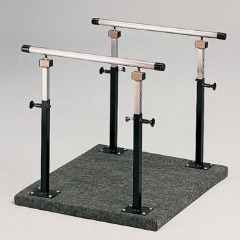 Adjustable balance platform with height-adjustable parallel bars for physical therapy, rehab, and gait training exercises.
